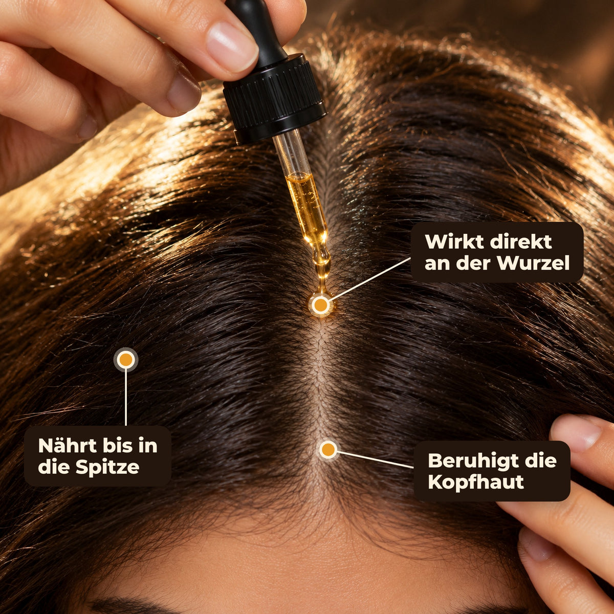 Haaröl wird mit der Pipette am Scheitel auf die Kopfhaut aufgetragen